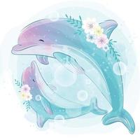 carino madre delfino e illustrazione del bambino vettore