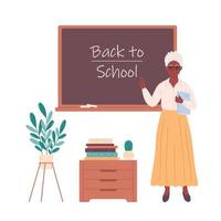 vecchio nero femmina insegnante a aula vicino lavagna. formazione scolastica, conferenza e lezione a scuola. vettore