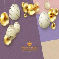 Pasqua viola disegno, uova nel bianca e oro occhiali da sole con modelli su ciondoli. vettore