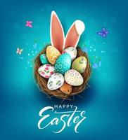 Pasqua blu illustrazione, uova nel un' cestino con un' bellissimo modello, coniglietto orecchie, bucaneve fiori. vettore