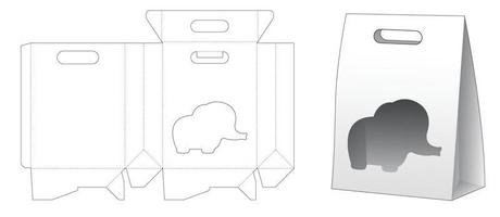sacchetto di cartone con flip e modello fustellato finestra a forma di elefante vettore