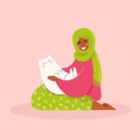 contento musulmano Arabo donna con gatto . femmina Tenere gatto su ginocchia e petting esso. animale domestico Proprietà, animale domestico genitore. contento miagolare anno e gatti giorno. vettore illustrazione.