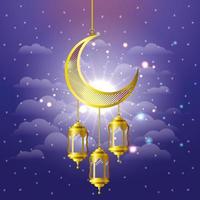 lanterne dorate del ramadan kareem e appendere la luna vettore