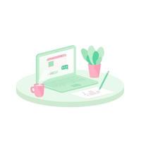 scrivania con laptop, tazza di caffè e vaso di fiori. illustrazione del posto di lavoro libero professionista in stile piano. vettore