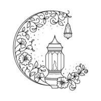mezzaluna floreale ornamentale con lanterna scarabocchio mano disegnato grande per Ramadan kareem saluto carta vettore