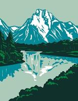 valle di jackson hole con le vette del parco nazionale del grand teton nel wyoming, stati uniti, poster art wpa vettore