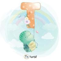 tartaruga carina con illustrazione di palloncino alfabeto t vettore