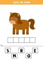 gioco di ortografia per bambini. cavallo da fattoria dei cartoni animati. vettore