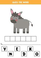 scrivi la parola asino. illustrazione vettoriale di carino asino. gioco di ortografia per bambini.