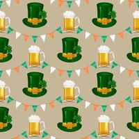 celebrare st. Patrick giorno con Questo senza soluzione di continuità modello con un' ghirlanda di irlandesi ispirato alla bandiera triangoli, verde fata cappello, pieno pinta di birra. per decorazione muri, tessuti, e regalo avvolgere. vettore