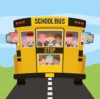 scuolabus con bambini sulla strada vettore