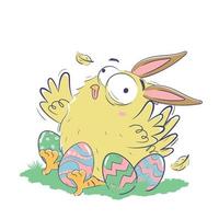 divertente pollo con coniglio orecchie si siede su un' prato tra Pasqua uova vettore
