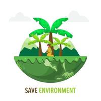 cartone animato uomo piantare su metà terra globo con verde paesaggio Visualizza per Salva ambiente concetto. vettore