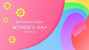 8 marzo Da donna giorno design modello con testa Da donna illustrazione e fiori. giallo, verde, blu, viola, rosa e bianca. Usato per saluto carta, sfondo o bandiera vettore
