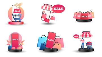 in linea shopping icone per sito web, applicazione, digitale marketing, vendita promozione, memorizzare su schermo smartphone mostrando icona 3d Schermo vettore