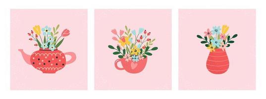 mazzi di fiori di fiori nel un' teiera, tazza, vaso. tulipani, narcisi, primavera e estate fiori e impianti. decorativo elementi a partire dal un' fiore negozio. adatto per saluto carte, manifesti. vettore