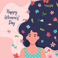 contento Da donna giorno. saluto carta, manifesto, modello. bello donna con primavera fiori nel capelli. vettore illustrazione per il celebrazione di marzo 8.