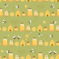 naturale miele vaso sfondo. dolce miele su verde senza soluzione di continuità modello. api, alveare, Favo, dolce miele confezione disegno, biologico cibo sfondo, coperchio. mano disegnato vettore illustrazione.