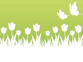 illustrazione della priorità bassa di primavera con i tulipani, le farfalle e lo spazio del testo. ripetibile orizzontalmente.