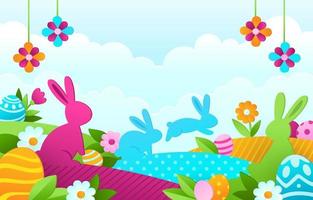 caccia alle uova di Pasqua in giardino colorato di primavera vettore