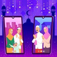 le famiglie si salutano via online quando eid al-fitr islamico vettore