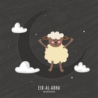 Eid-al-Adha mubarak manifesto design con mezzaluna Luna e cartone animato divertente pecora su grigio grunge sfondo. vettore
