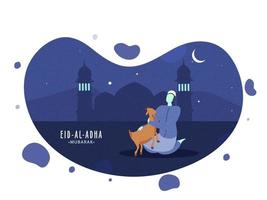 illustrazione di cartone animato musulmano uomo Tenere un' capra con silhouette moschea e mezzaluna Luna su astratto sfondo per Eid-al-Adha mubarak. vettore