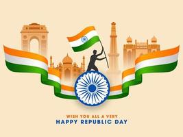 India famoso monumenti con silhouette uomo Tenere indiano bandiera, Ashoka ruota e tricolore ondulato nastro per repubblica giorno concetto.