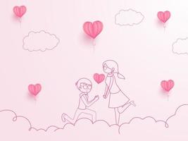 linea arte illustrazione di ragazzo proponente per il suo fidanzata su rosa nube sfondo decorato con carta tagliare cuori. vettore
