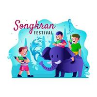 bambini che giocano a pistola ad acqua con elefante nel concetto di festival di songkran vettore