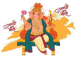 hindi testo ganpati bappa morya con signore Ganesha scultura a chowki sgabello e arancia spazzola effetto su bianca sfondo. vettore