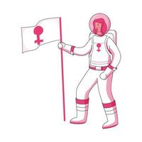 astronauta donna Tenere bandiera con Venere cartello su bianca sfondo. vettore