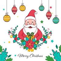 illustrazione di allegro Santa Claus Tenere un' regalo scatola con poinsettia fiore, agrifoglio bacca, tintinnio campana, le foglie e palline appendere su bianca sfondo per allegro Natale.