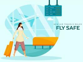 nuovo aria viaggio regole volare sicuro basato manifesto design con giovane turista donna a aeroporto. evitare coronavirus. vettore