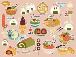 tradizionale giapponese cibo adesivi. asiatico yakitori spiedini, ramen, Ravioli, taiyaki, matcha torta rotolo, shabu Shabu, onigiri, wonton, daifuku. vettore illustrazione