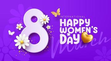 8 marzo contento Da donna giorno con bianca fiori e la farfalla, oro cuore, bandiera concetto design su viola sfondo, eps10 vettore illustrazione.