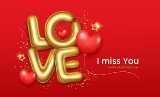 contento San Valentino giorno, amore lettering oro brillare convesso Materiale, con rosso Palloncino cuore design su rosso sfondo, eps10 vettore illustrazione.