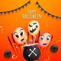 contento Halloween celebrazione manifesto design con bollente calderone, ossa, nero zucche, recinto e pauroso palloncini su arancia sfondo. vettore
