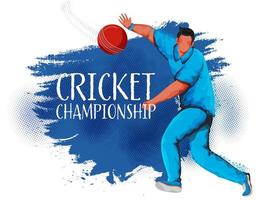 cartone animato personaggio di giocatore di bowling lancio un' palla su blu mezzitoni spazzola effetto e bianca sfondo per cricket campionato. vettore
