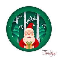 allegro Santa Claus personaggio Tenere un' regalo scatola su verde e bianca carta tagliare natura sfondo per allegro Natale celebrazione. vettore