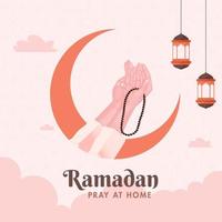 musulmano preghiera mani con mezzaluna Luna e sospeso lanterne decorato su pastello rosa floreale modello sfondo per Ramadan pregare a casa.