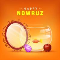 contento Nowruz celebrazione manifesto design con ovale specchio, uovo, Mela e pesce rosso ciotola su arancia sfondo. vettore