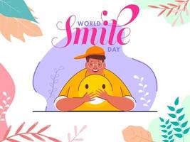 mondo Sorridi giorno manifesto design con giovane uomo Tenere un' smiley emoji e colorato le foglie decorato su bianca sfondo. vettore