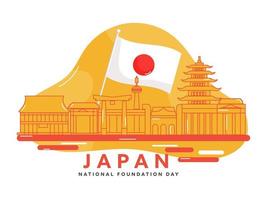 Giappone fondazione giorno concetto con nazionale bandiere, linea arte giapponese famoso monumenti o architetti su giallo e bianca sfondo. vettore
