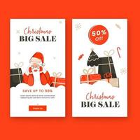 Natale grande vendita modello design impostato con 50 sconto offerta, regalo scatole e Santa Claus carattere. vettore