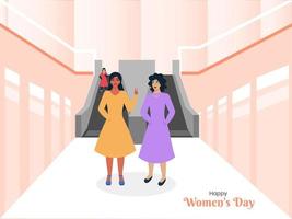 moderno giovane le signore personaggio su centro commerciale interno Visualizza per contento Da donna giorno celebrazione concetto. vettore