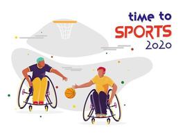 Disabilitato sportivi giocando pallacanestro e cerchio su bianca sfondo per tempo per gli sport 2020. vettore