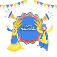 punjabi coppia fare bhangra danza con Grano orecchio e Altoparlanti e pavese bandiera decorato su bianca sfondo per contento Baisakhi celebrazione. vettore