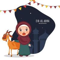 bellissimo musulmano ragazza con cartone animato capra e pavese bandiere su astratto silhouette moschea sfondo per Eid-al-Adha mubarak celebrazione. vettore