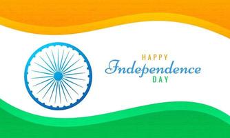 contento indipendenza giorno font con blu Ashoka ruota su ondulato indiano tricolore sfondo. vettore